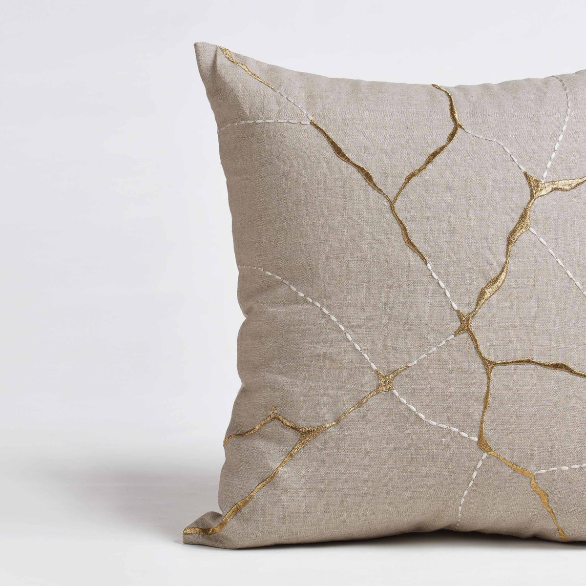 KINTSUGI Embroidered Linen Pillow Cover – 18x18 Inch, Gold & White Embroidery, Small Mend