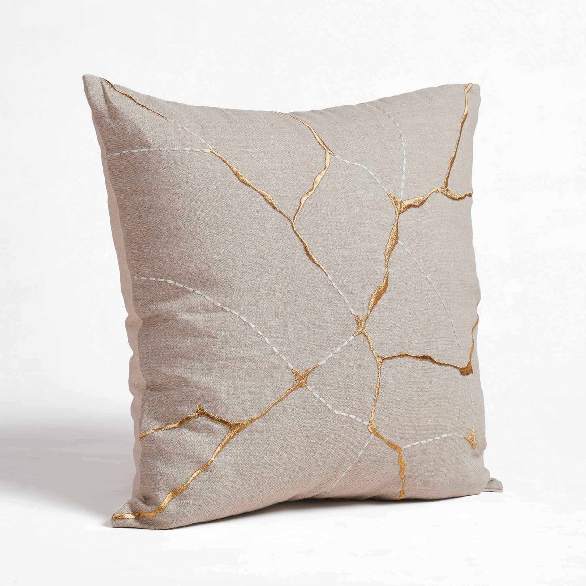 KINTSUGI Embroidered Linen Pillow Cover – 18x18 Inch, Gold & White Embroidery, Small Mend