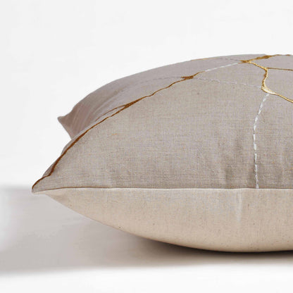 Kintsugi Embroidered Linen Pillow Cover 18x18 Gold White