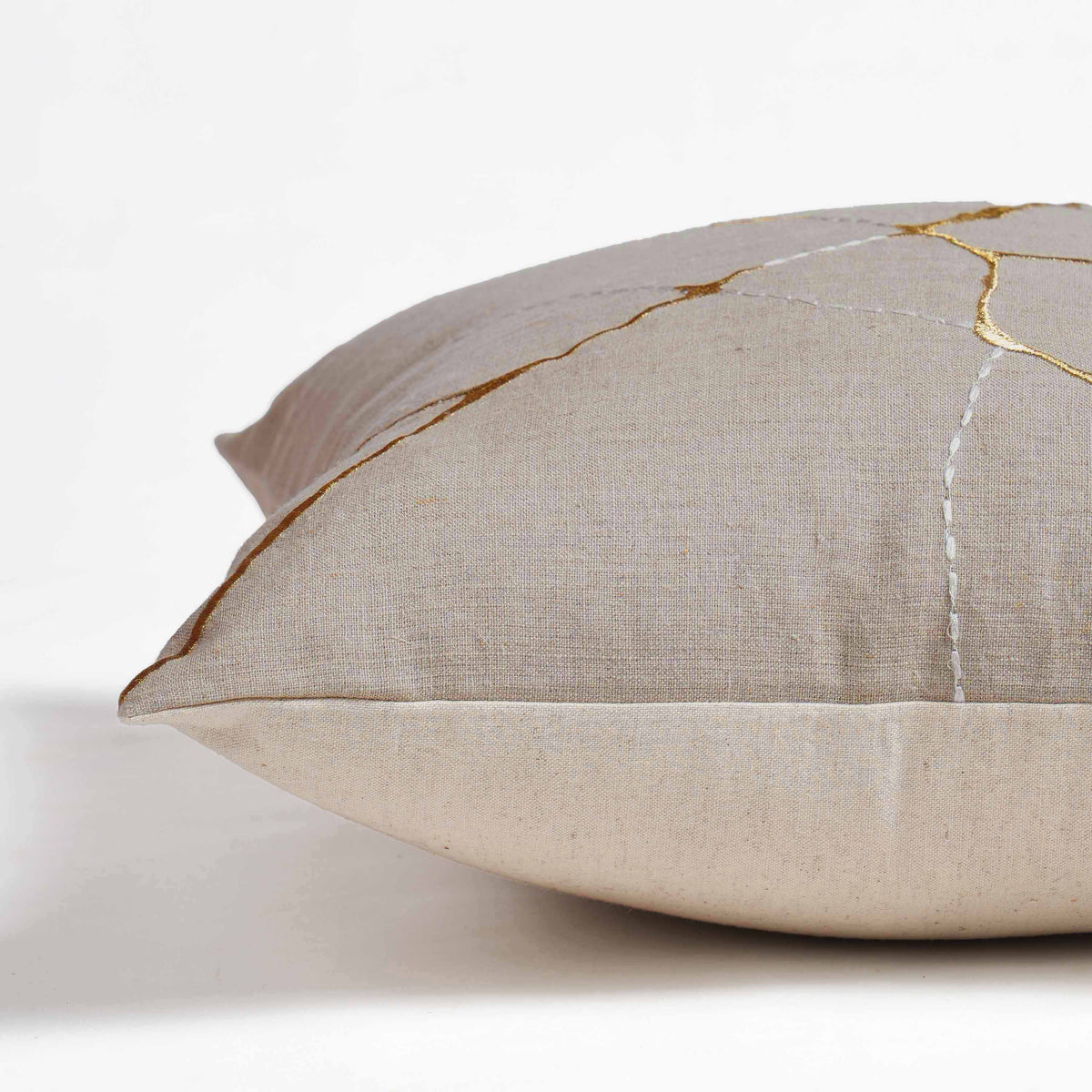 KINTSUGI Embroidered Linen Pillow Cover – 18x18 Inch, Gold & White Embroidery, Small Mend