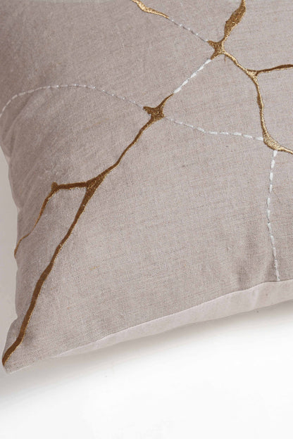 KINTSUGI Embroidered Linen Pillow Cover – 18x18 Inch, Gold & White Embroidery, Small Mend