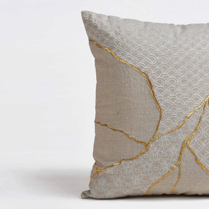 KINTSUGI Embroidered Linen Pillow Cover – 18x18 Inch, Gold & White Embroidery, Big Mend
