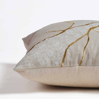 Gold & White Kintsugi Embroidered Linen Pillow Cover 18x18 Inch