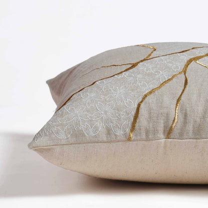 KINTSUGI Embroidered Linen Pillow Cover – 18x18 Inch, Gold & White Embroidery, Big Mend
