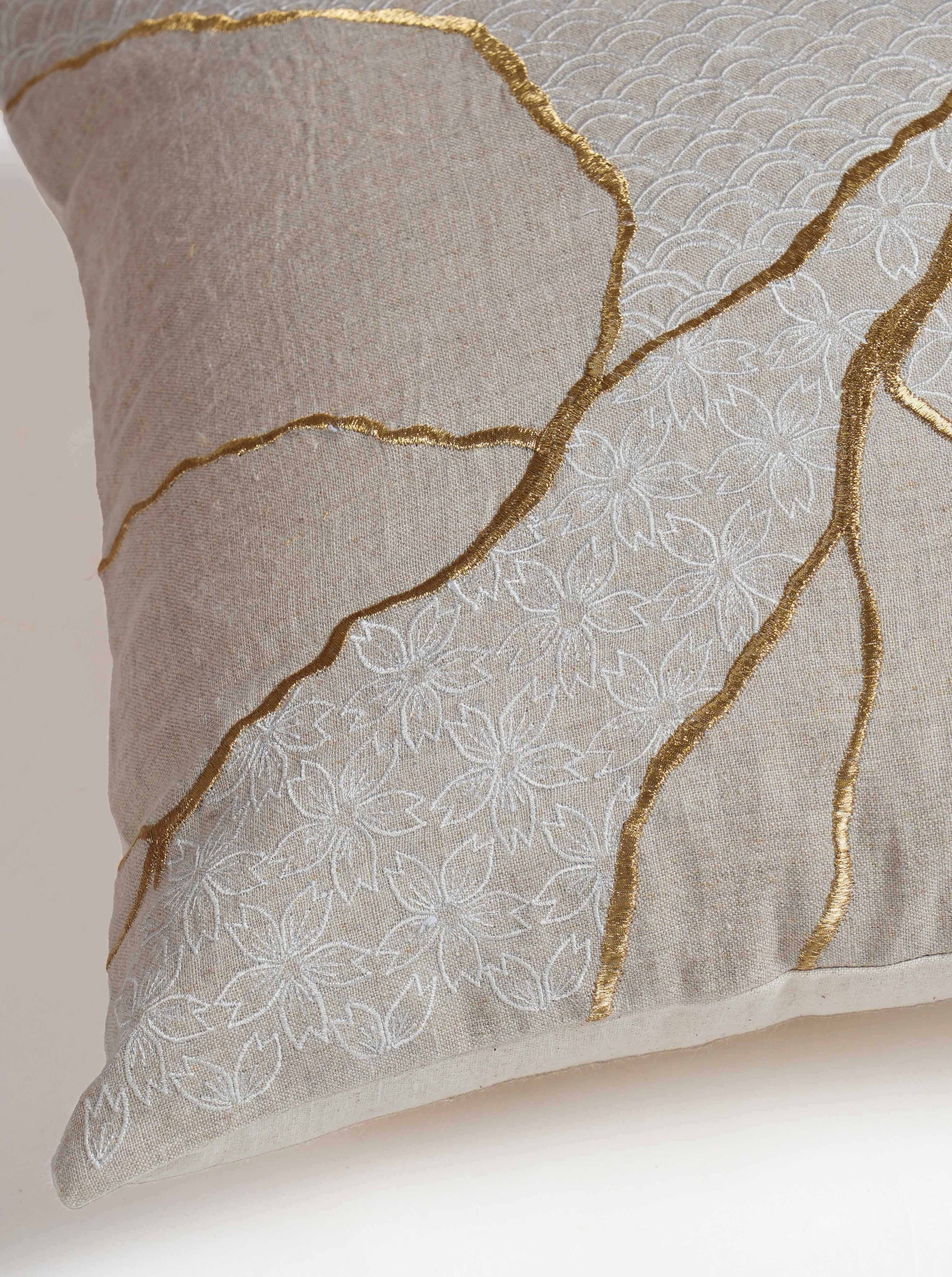Gold & White Kintsugi Embroidered Linen Pillow Cover 18x18 Inch