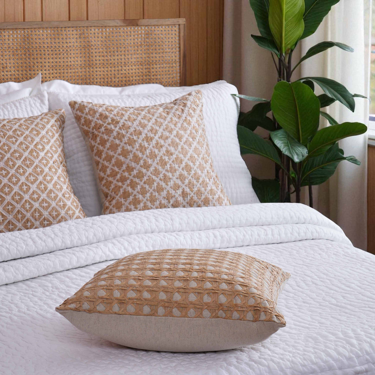 PURE ELEMENTS - Luxury Hand-Interlaced Faux Raffia Pillow Cover – 18x18 inches - monotone