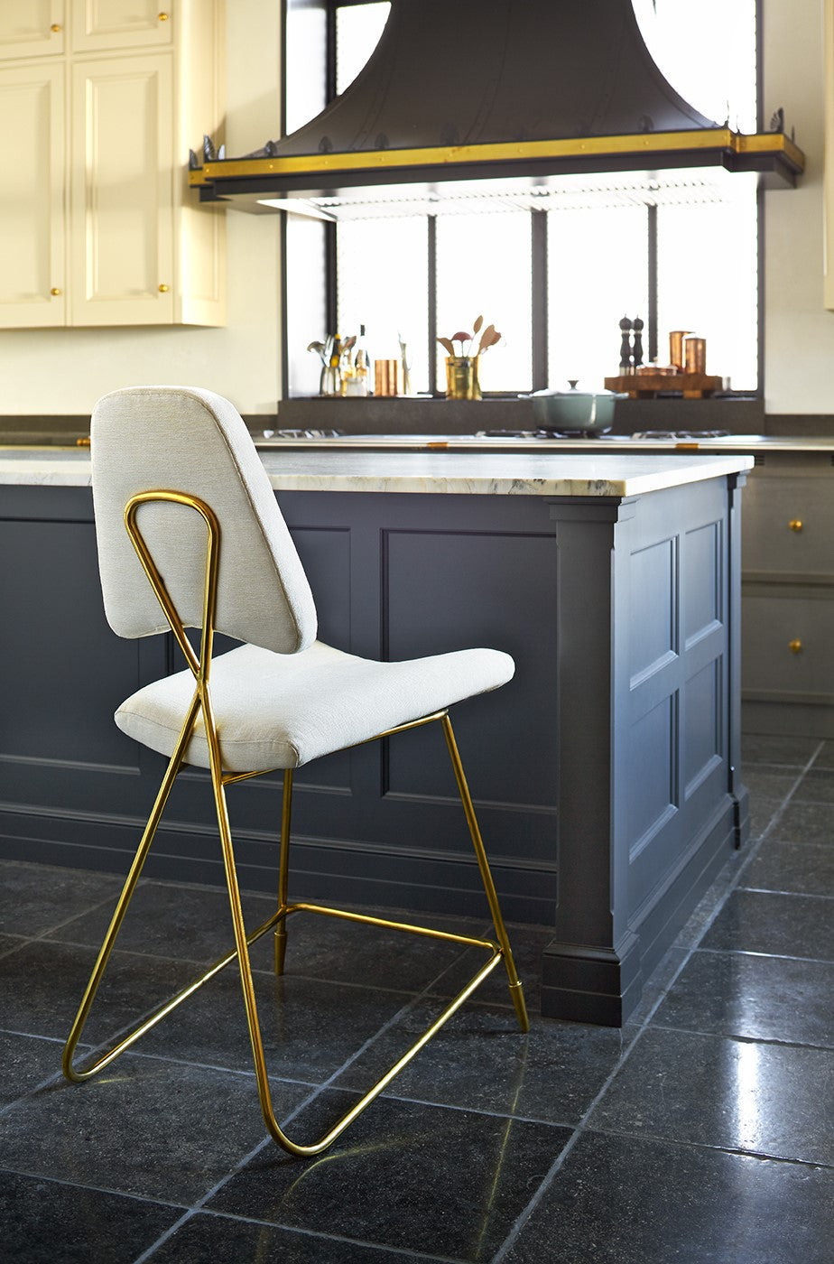 Sleek Modern Brass Bar Stool with Velvet Upholstery for Kitchens