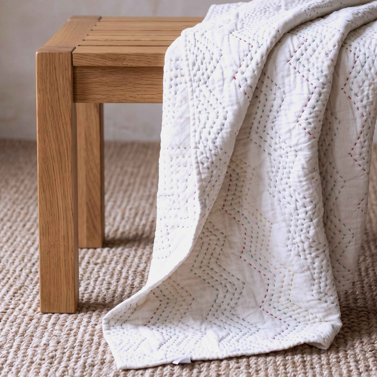 Off White Kantha Quilted Throw | Chevron Zig-Zag Pattern | 100% Cotton Voile | Handmade