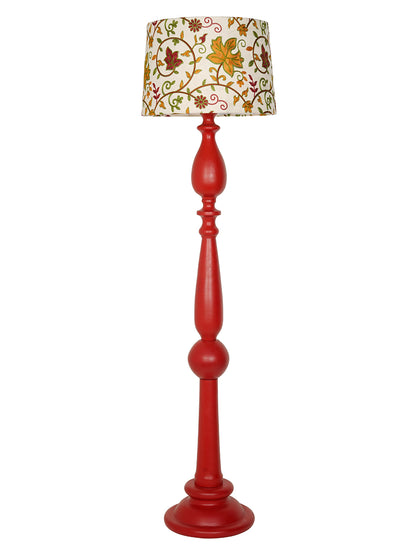 Artisanal Red Wooden Floor Lamp | Kashmiri Embroidered Fabric Shade & Matte Finish