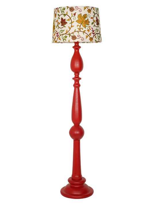 Artisanal Red Wooden Floor Lamp | Kashmiri Embroidered Fabric Shade & Matte Finish