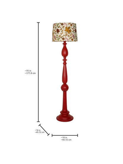 Artisanal Red Wooden Floor Lamp | Kashmiri Embroidered Fabric Shade & Matte Finish