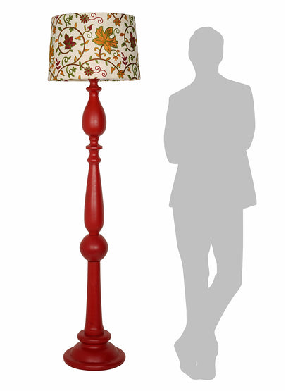 Artisanal Red Wooden Floor Lamp | Kashmiri Embroidered Fabric Shade & Matte Finish