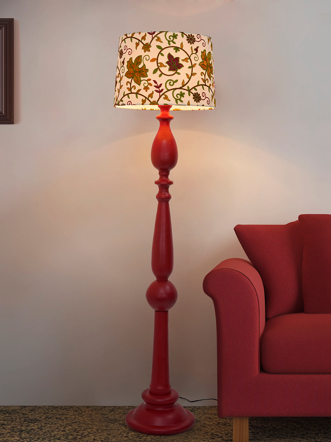 Artisanal Red Wooden Floor Lamp | Kashmiri Embroidered Fabric Shade & Matte Finish