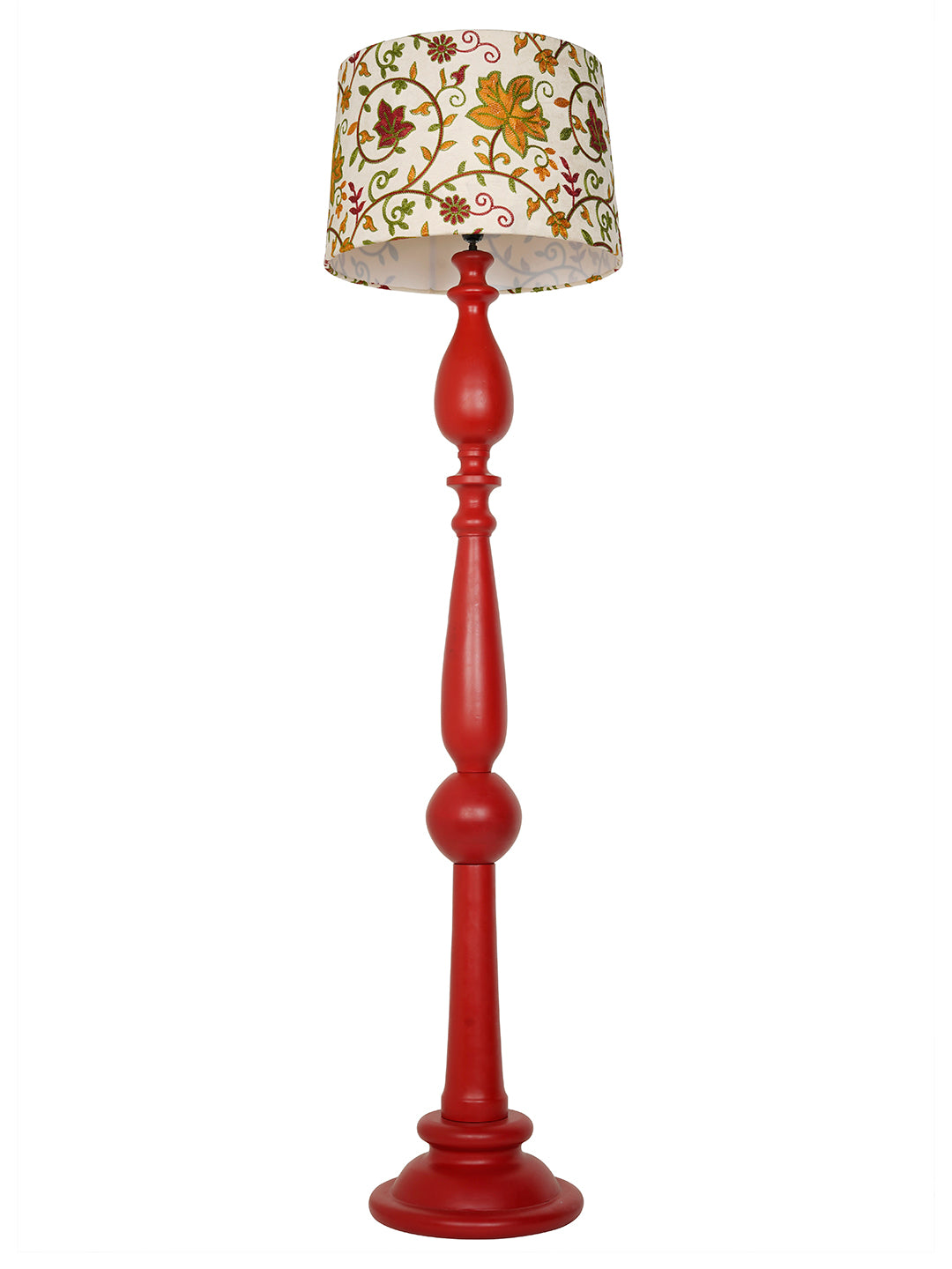 Artisanal Red Wooden Floor Lamp | Kashmiri Embroidered Fabric Shade & Matte Finish