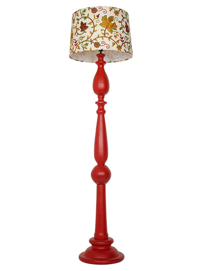 Artisanal Red Wooden Floor Lamp | Kashmiri Embroidered Fabric Shade & Matte Finish