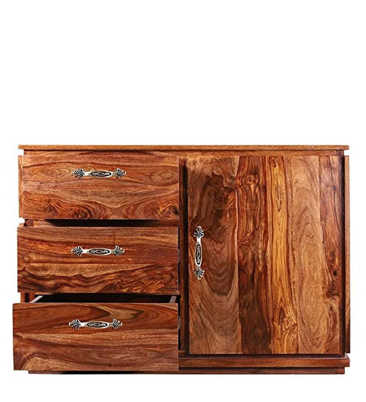 Wooden Sideboard Cabinet for Living Room | Kitchen Storage Side Board with 3 Drawers & Cabinet | Sheesham Wood (Honey Finish)