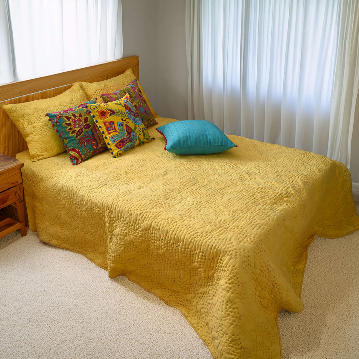 Yellow Kantha Quilt Bed Set | Chevron Pattern Quilting | 100% Cotton | Handmade