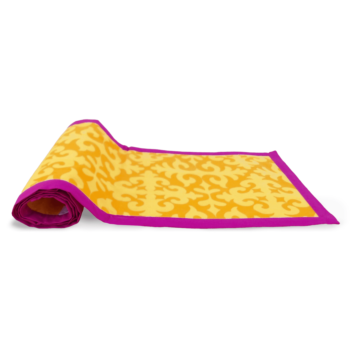Shyrdak Yellow Cotton Table Runner – Tone-on-Tone Scroll Print with Hot Pink Border | 2 Sizes