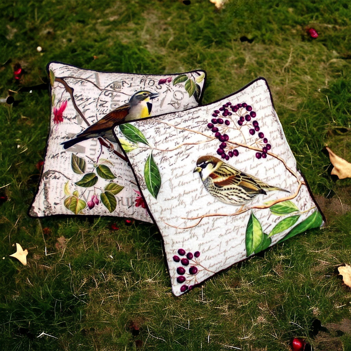 Botanical Sparrow Print Quilted Cushion Cover 16X16 inches