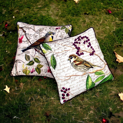 Botanical Sparrow Print Quilted Cushion Cover 16X16 inches