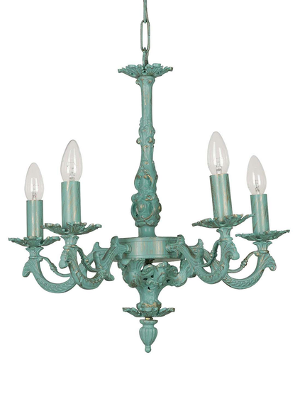 Antique Distressed Green Cast Aluminium 5-Light Candelabra Chandelier for Grand Spaces