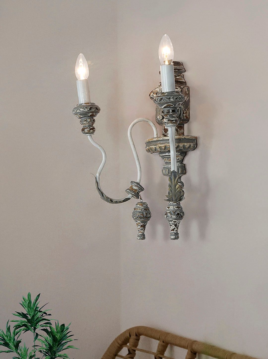 Rustic Distressed Grey Wood Candelabra Double Wall Sconce, French Italian Style Lighting