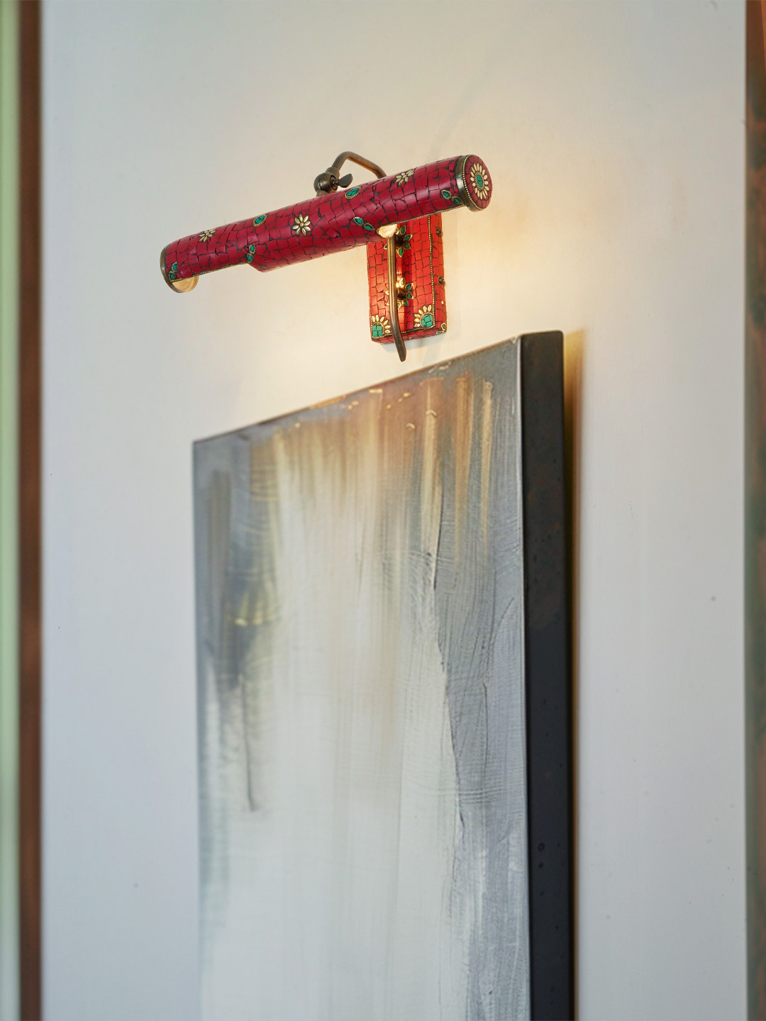 Adjustable Red Picture Light with Hand-Applied Stonework, Tibetan Nepalese Inspired