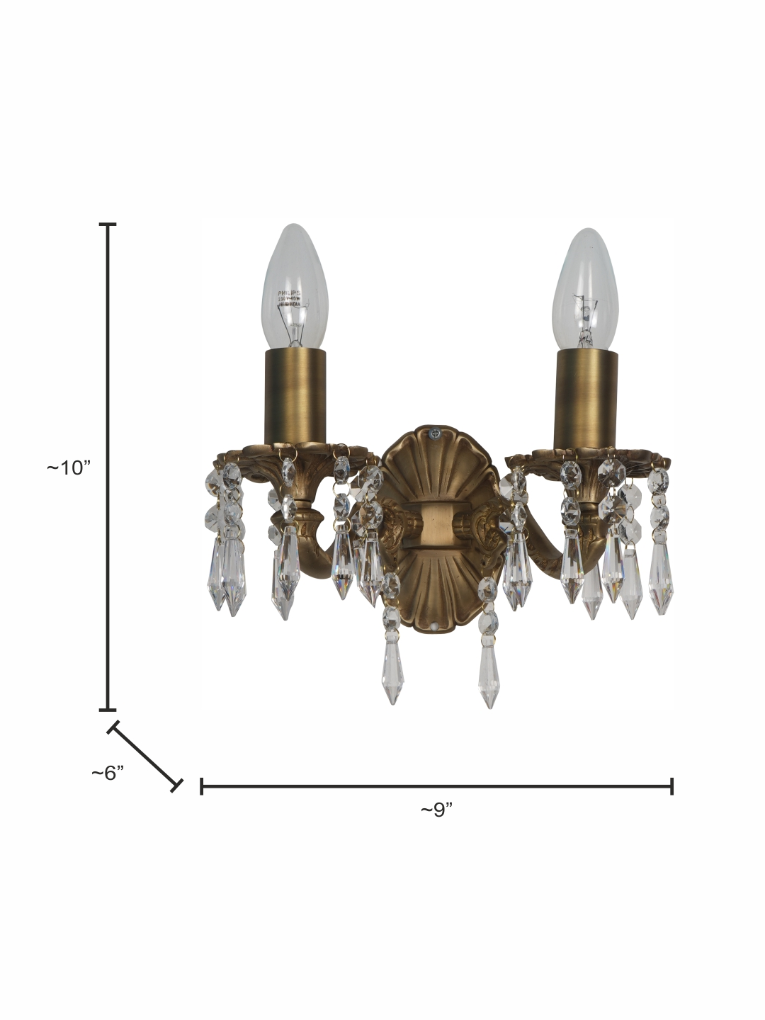 Elegant Double Brass Crystal Wall Sconce, Matt Finish, Classic Design Lighting