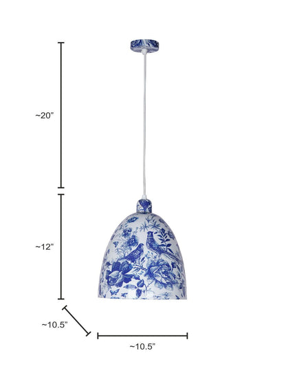Elegant Chinoiserie Blue Pottery Bird Print Metal Bell Pendant Light for Homes