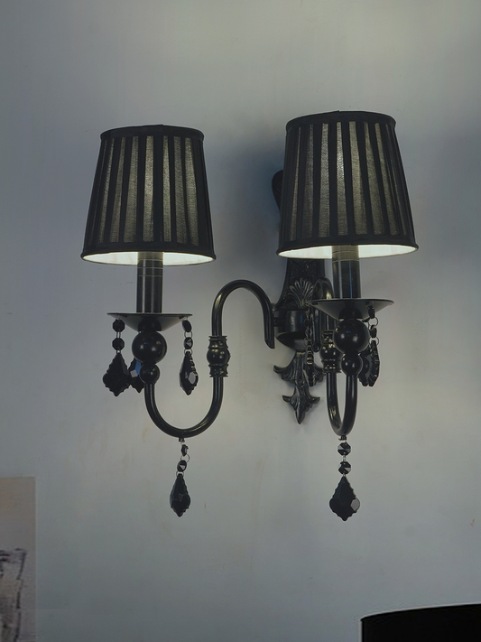 Absolute Black Elegant 2-Light Wall Sconce with Pleated Shades and Crystals