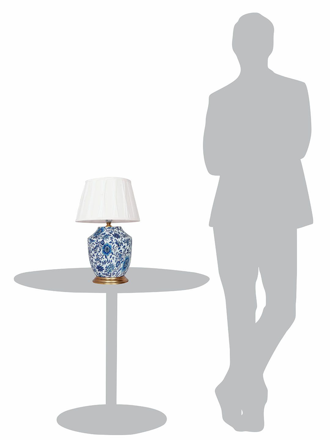 Elegant Chinoiserie Blue Pottery Table Lamp with Ivory Pleated Shade
