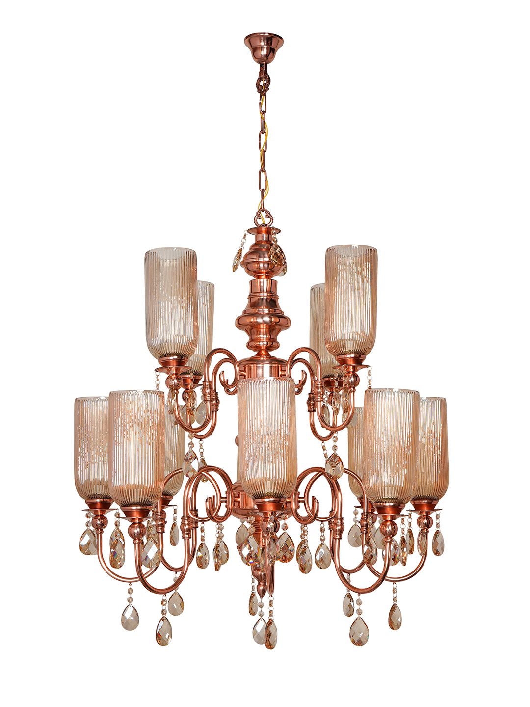 Grand Polished Copper Chandelier: Fluted Luster Glass, Honey Crystals