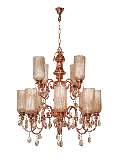 Grand Polished Copper Chandelier: Fluted Luster Glass, Honey Crystals