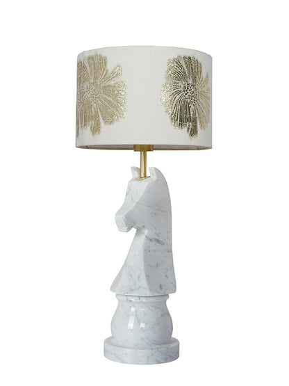 Statuario Marble Chess Knight Table Lamp with Gold Embroidered Drum Shade