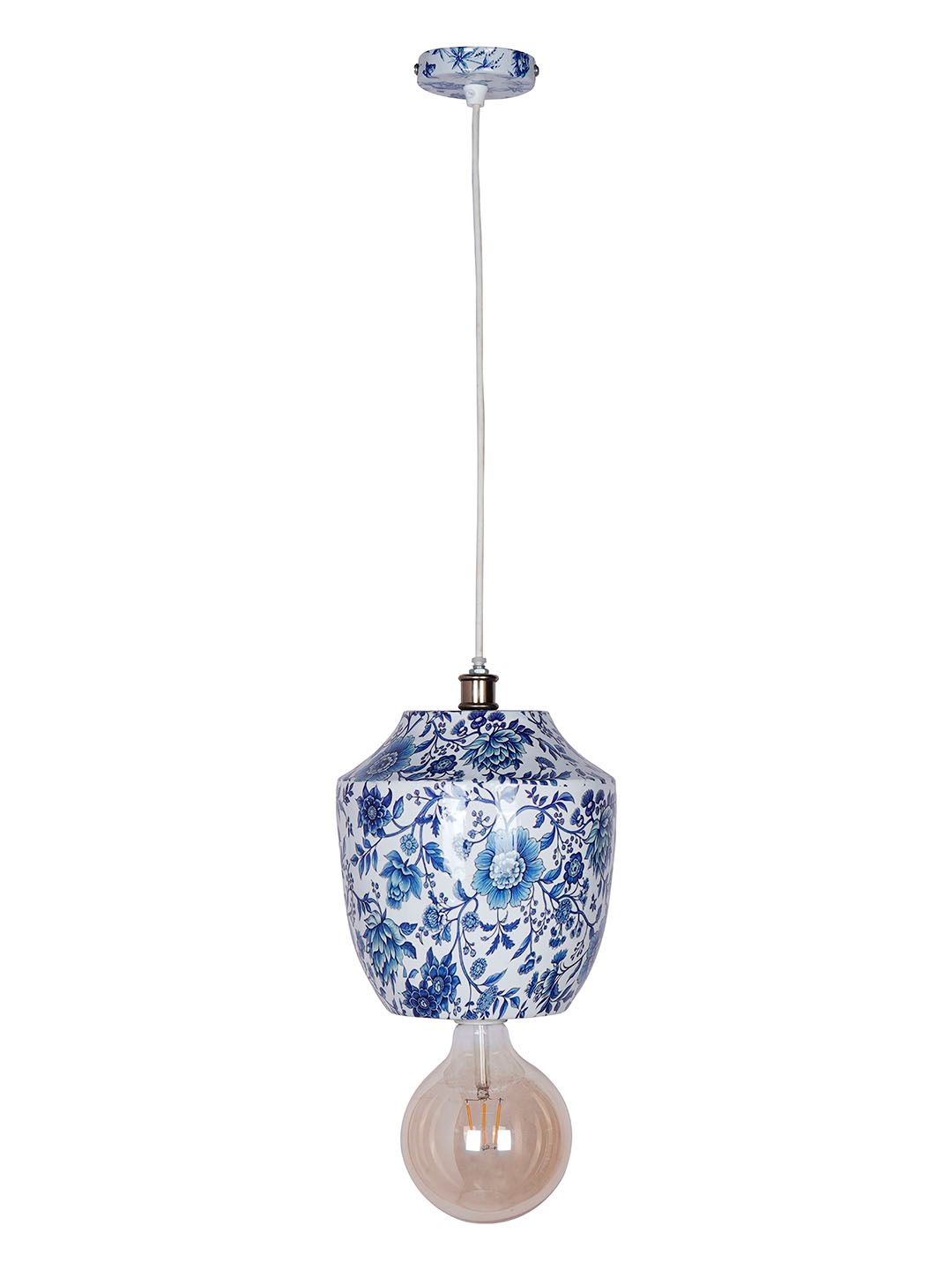 Elegant Chinoiserie Blue White Floral Metal Jar Pendant Light for Home Decor