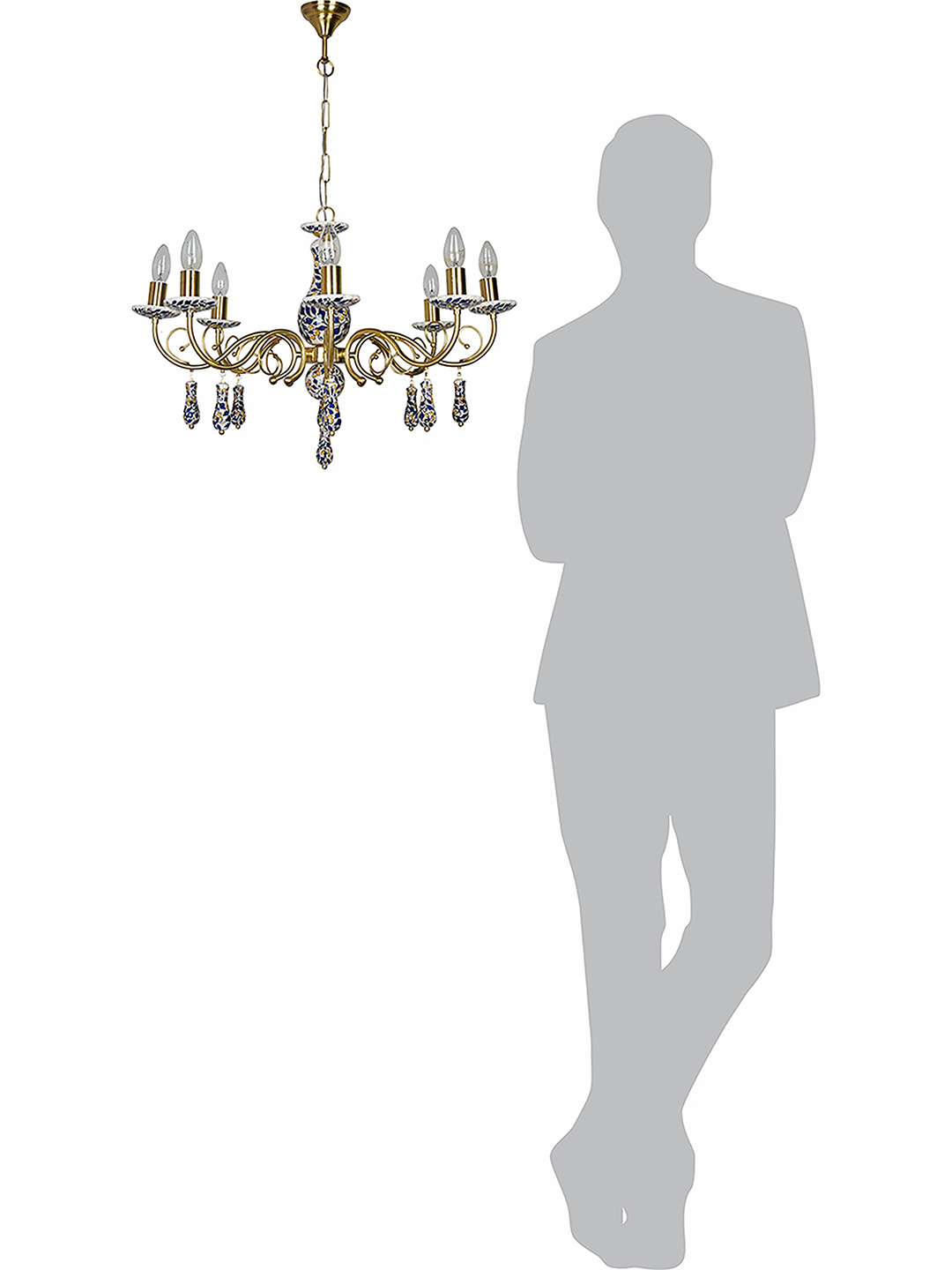 Handcrafted Blue Pottery Floral Brass 8-Light Candelabra Chandelier for Dining