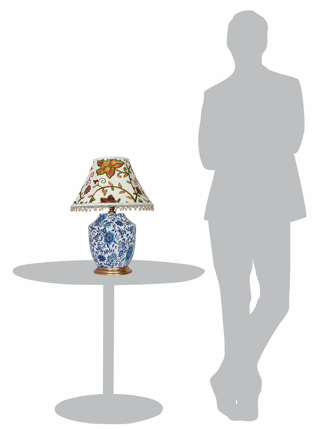 Handcrafted Eclectic Blue Pottery Print Table Lamp with Kashmiri Embroidered Velvet Shade