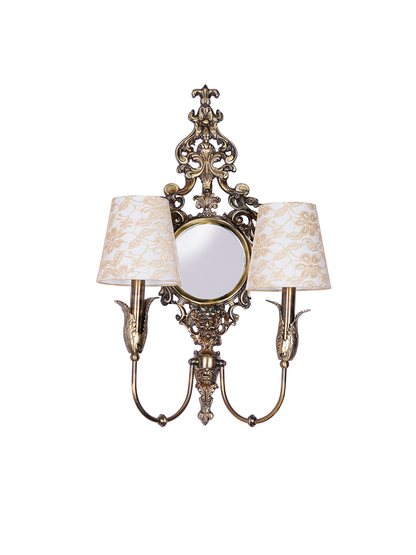 Opulent Vintage Antique Brass Wall Lamp with Mirror and Dual Lace Shades