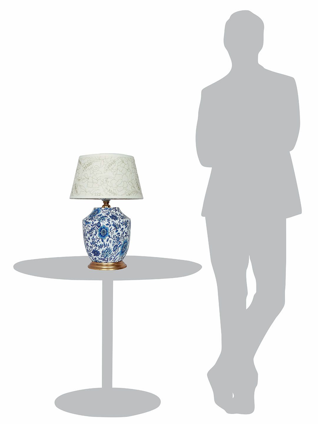 Artisanal Blue Pottery Print Table Lamp with Pastel Green Embroidered Shade