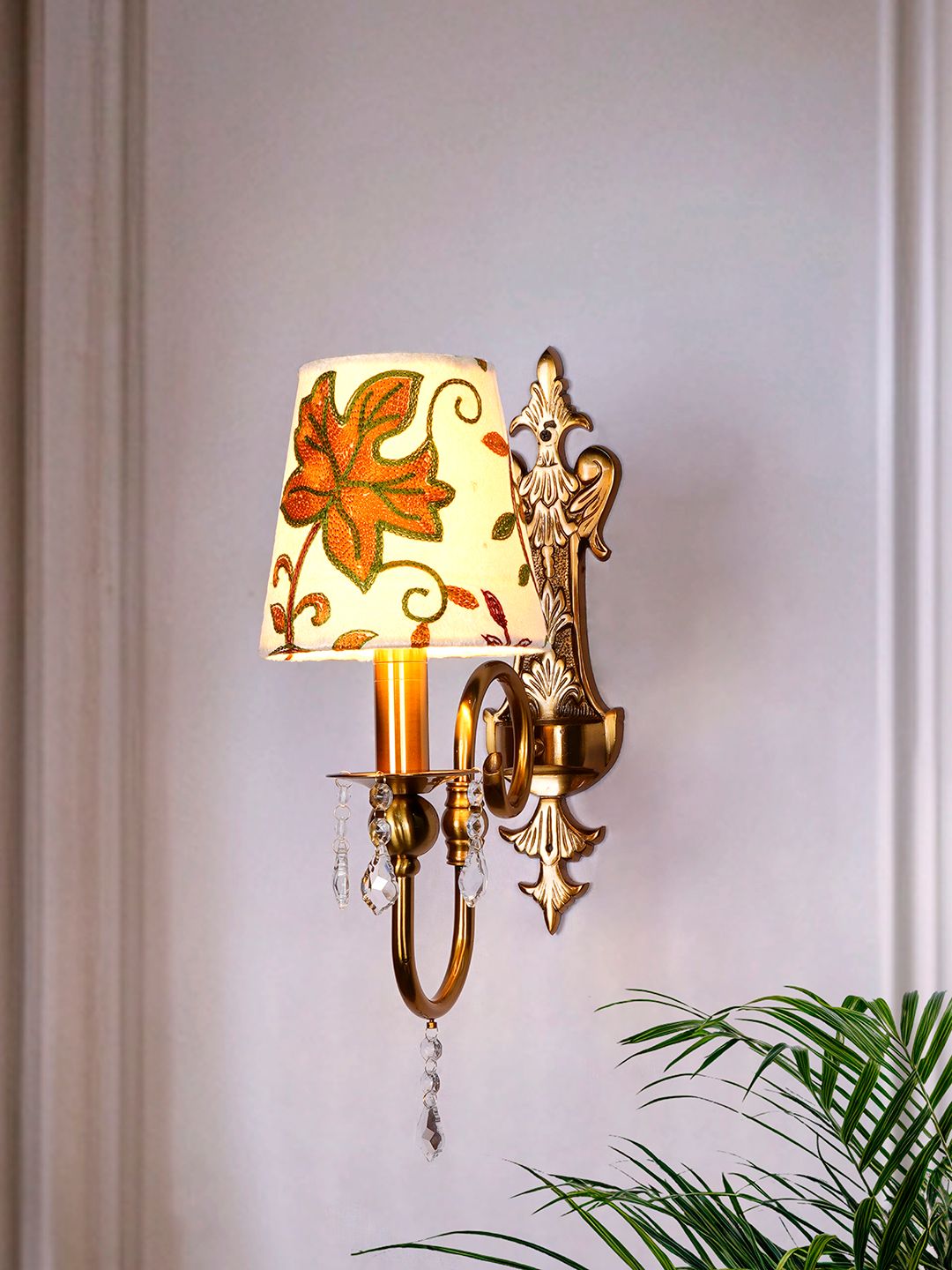 Luxurious Victoria Antique Brass Wall Sconce, Hand-Embroidered Kashida Velvet Shade