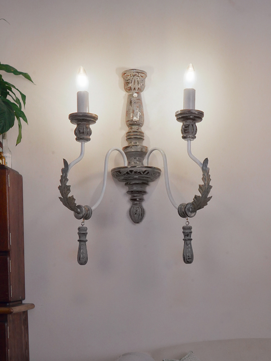 Charming Provincial Distressed Grey Wood Wrought Iron 2-Light Candelabra Wall Sconce