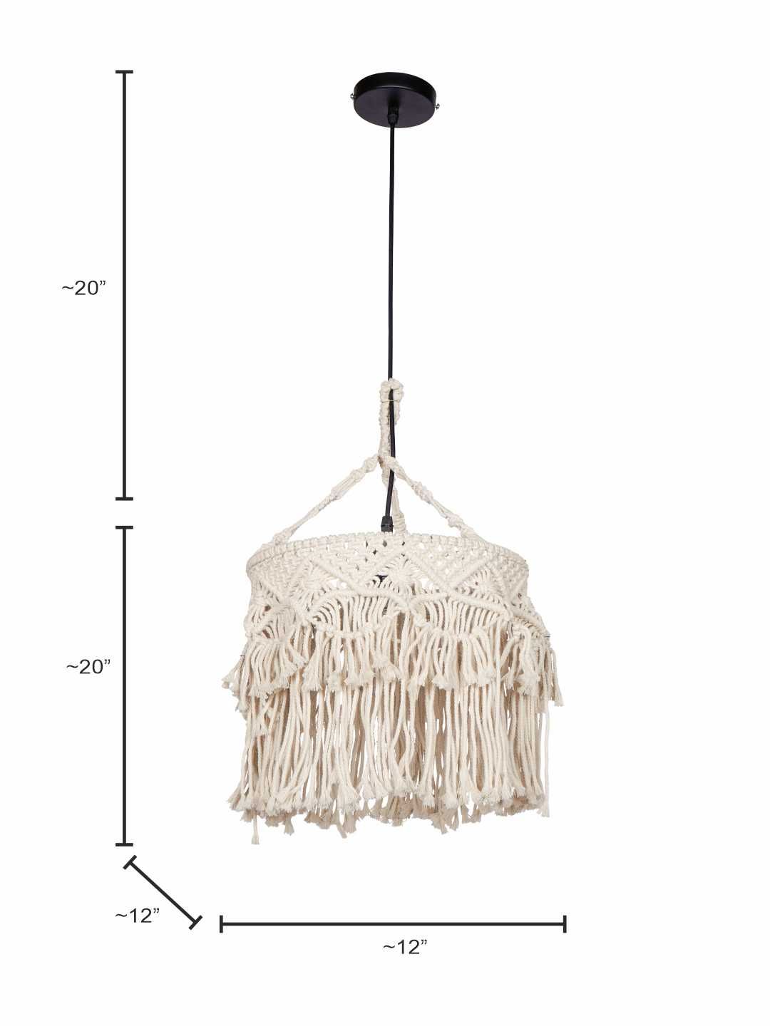 Bohemian Natural White Macrame Drum Pendant Light with Decorative Fringe