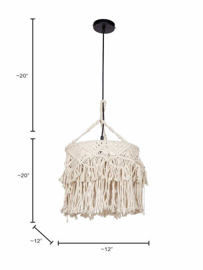 Bohemian Natural White Macrame Drum Pendant Light with Decorative Fringe