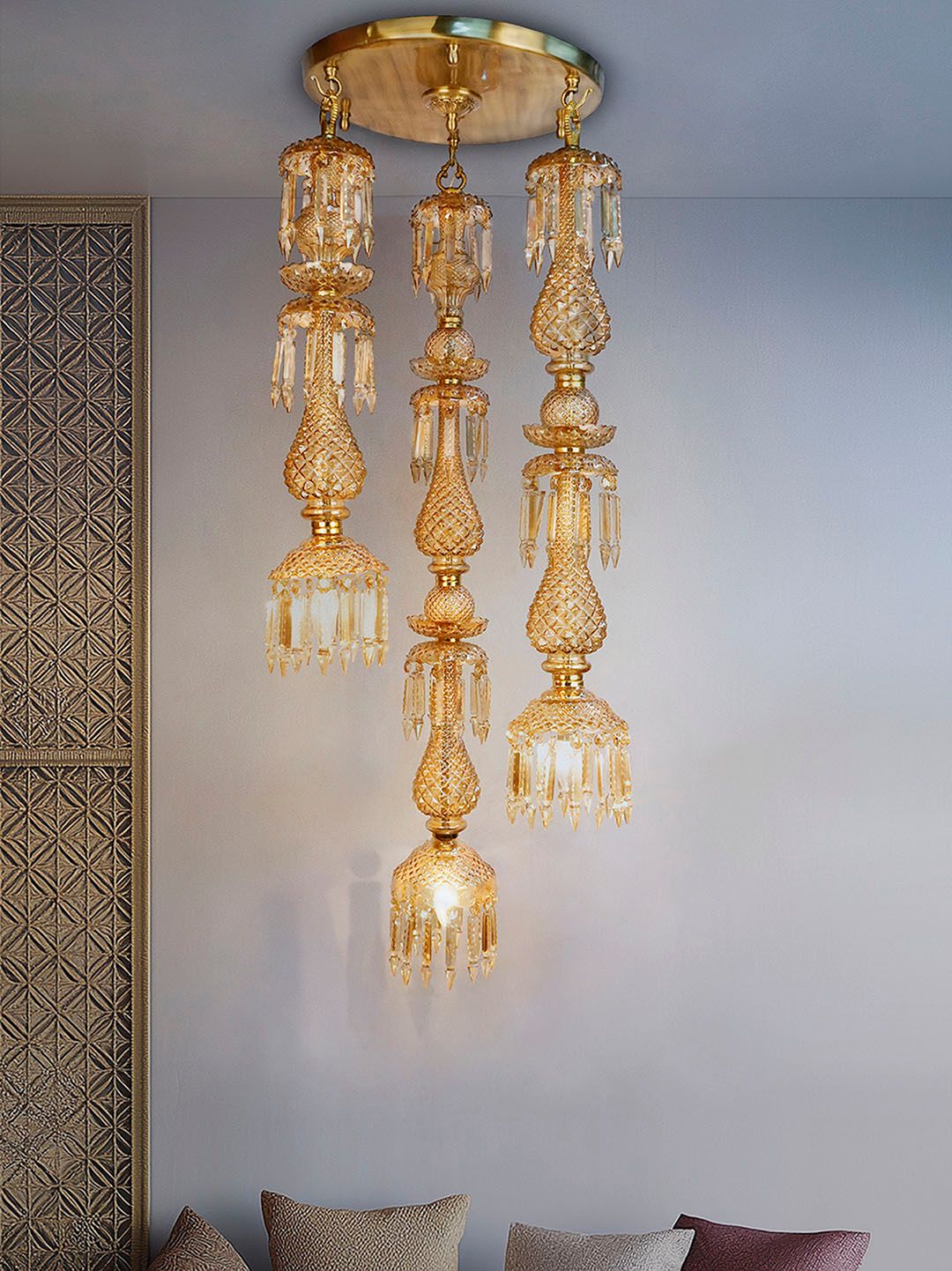 Elegant Golden Luster Glass 3-Light Cascading Crystal Multi-Pendant Chandelier