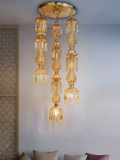 Elegant Golden Luster Glass 3-Light Cascading Crystal Multi-Pendant Chandelier