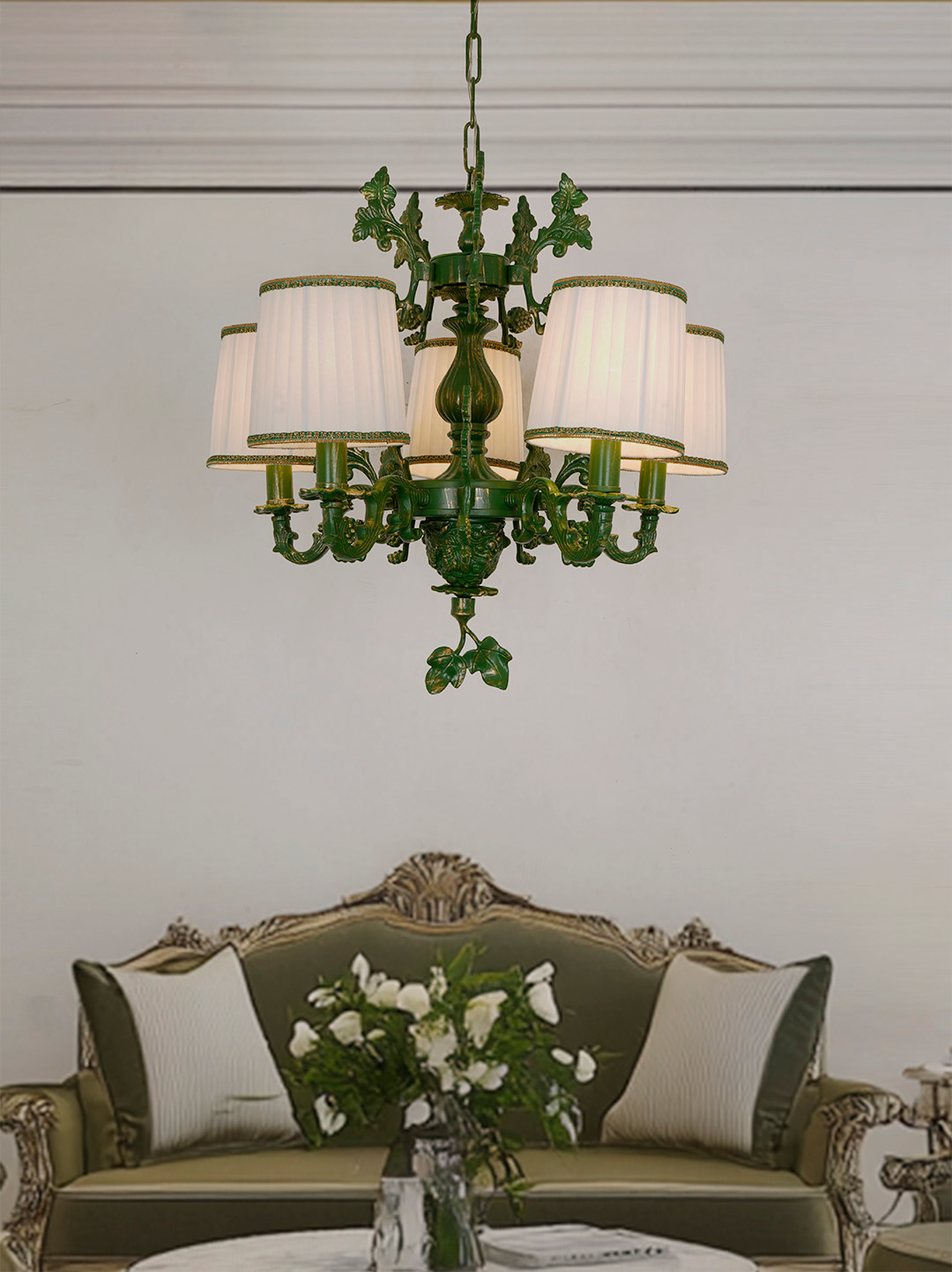 Elegant Green Grapevine Chandelier with Pleated Fabric Shades