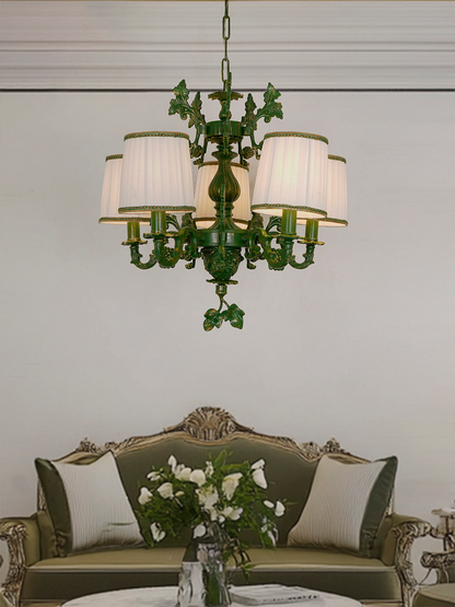 Elegant Green Grapevine Chandelier with Pleated Fabric Shades