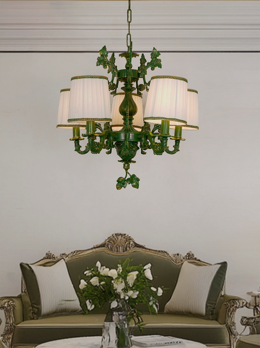 Elegant Green Grapevine Chandelier with Pleated Fabric Shades