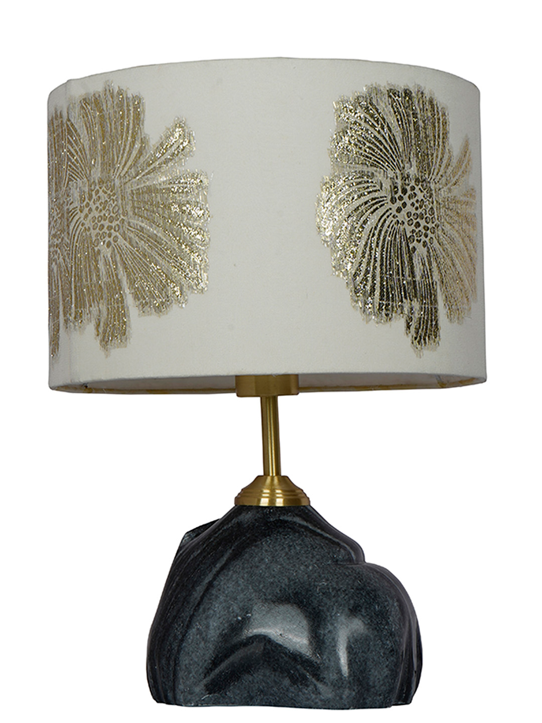 Elegant Black Marble Table Lamp with Gold Embroidered Ivory Drum Shade