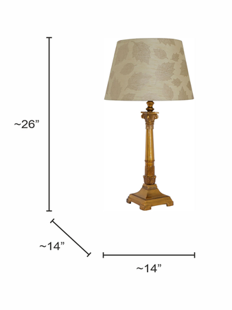 Antique Gold Finish Roman Corinthian 26 Inch Single Aluminium Column Table Lamp Light With 14 Inch Gold leaf pattern Tapered Fabric Shade